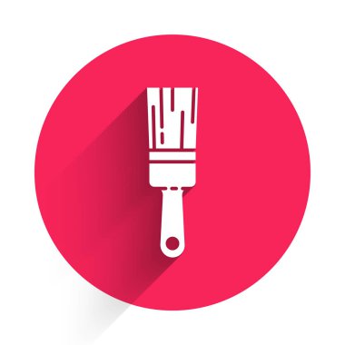 Beyaz boya fırça simgesi uzun gölgeli izole edilmiş. Kırmızı daire düğmesi. Vektör İllüstrasyonu