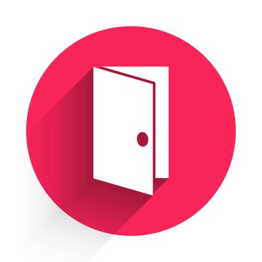 Beyaz kapalı kapı simgesi uzun gölgeli izole edilmiş. Kırmızı daire düğmesi. Vektör İllüstrasyonu