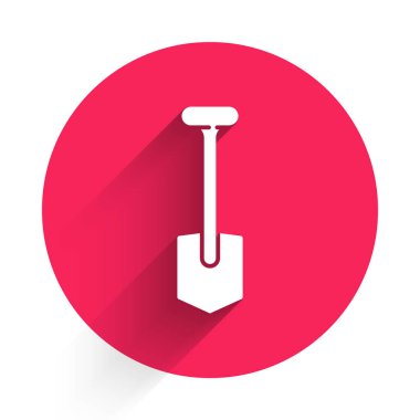 Beyaz Kürek ikonu uzun gölgeli izole edilmiş. Bahçe aletleri. Bahçecilik, tarım, çiftçilik aleti. Kırmızı daire düğmesi. Vektör İllüstrasyonu