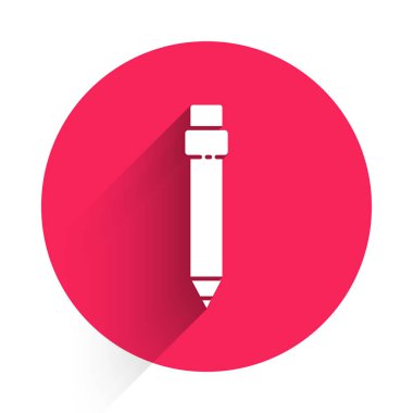 Silgi simgesine sahip beyaz kalem uzun gölgeli. Çizim ve eğitim araçları. Okul sembolü. Kırmızı daire düğmesi. Vektör İllüstrasyonu