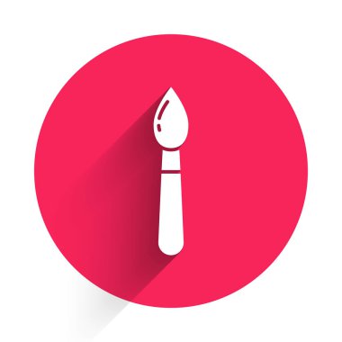 Beyaz boya fırça simgesi uzun gölgeli izole edilmiş. Kırmızı daire düğmesi. Vektör İllüstrasyonu