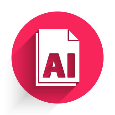 Beyaz Yapay Zeka dosya dökümanı. Uzun gölgeyle izole edilmiş ai düğmesi simgesi indir. Yapay zeka dosya sembolü. Kırmızı daire düğmesi. Vektör İllüstrasyonu