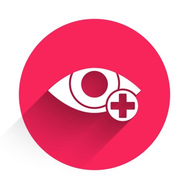 Beyaz Kırmızı Göz Efekti simgesi uzun gölgede izole edildi. Göz kızarıklığı. Göz iltihabı. Kırmızı daire düğmesi. Vektör İllüstrasyonu