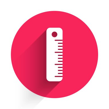 Beyaz Cetvel simgesi uzun gölgeli izole edilmiş. Düz sembol. Kırmızı daire düğmesi. Vektör İllüstrasyonu