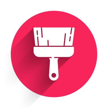 Beyaz boya fırça simgesi uzun gölgeli izole edilmiş. Kırmızı daire düğmesi. Vektör İllüstrasyonu