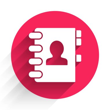 Uzun gölgeli beyaz adres defteri simgesi. Not defteri, adres, bağlantı, rehber, telefon, telefon rehberi simgesi. Kırmızı daire düğmesi. Vektör İllüstrasyonu