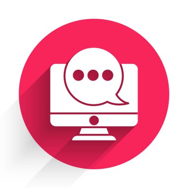 Uzun gölgeli monitör simgesindeki beyaz yeni sohbet mesajları bildirimi. Smartphone sohbet mesajları konuşma baloncukları. Kırmızı daire düğmesi. Vektör İllüstrasyonu