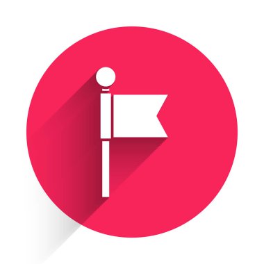 Beyaz Bayrak simgesi uzun gölgeyle izole edildi. Yer belirleyici sembol. Kırmızı daire düğmesi. Vektör İllüstrasyonu