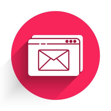 Beyaz web sitesi ve zarf, yeni mesaj, uzun gölgeli posta simgesi. E-posta bültenleri, başlıklar, blog yazıları için kullanım. Kırmızı daire düğmesi. Vektör İllüstrasyonu