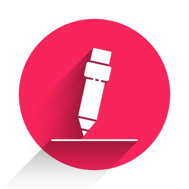 Silgi simgesine sahip beyaz kalem uzun gölgeli. Çizim ve eğitim araçları. Okul sembolü. Kırmızı daire düğmesi. Vektör İllüstrasyonu