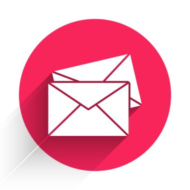 Beyaz Zarf simgesi uzun gölgeli izole edilmiş. E- posta mektup sembolü. Kırmızı daire düğmesi. Vektör İllüstrasyonu