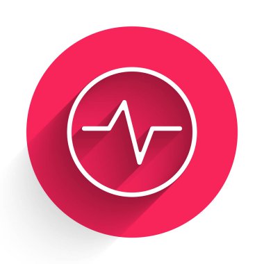 Beyaz Elektrik devre şeması simgesi uzun gölgeli izole edildi. Devre kartı. Kırmızı daire düğmesi. Vektör İllüstrasyonu