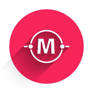 Beyaz Elektrik devre şeması simgesi uzun gölgeli izole edildi. Devre kartı. Kırmızı daire düğmesi. Vektör İllüstrasyonu