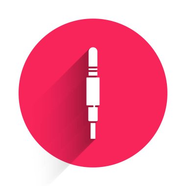 Beyaz Ses Jack simgesi uzun gölgeli izole edildi. Bağlantı ses ekipmanları için ses kablosu. Fiş kablosu. Müzik aleti. Kırmızı daire düğmesi. Vektör İllüstrasyonu