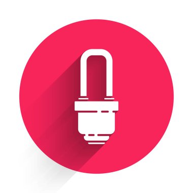 Beyaz LED ampul ikonu uzun gölgeli izole edilmiş. Ekonomik LED ışıklı ampul. Enerji lambasını sakla. Kırmızı daire düğmesi. Vektör İllüstrasyonu