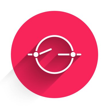 Beyaz Elektrik devre şeması simgesi uzun gölgeli izole edildi. Devre kartı. Kırmızı daire düğmesi. Vektör İllüstrasyonu