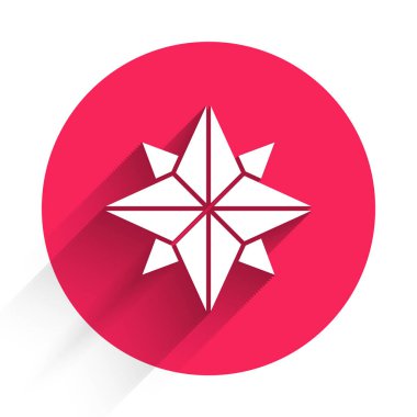 Beyaz Rüzgar gül ikonu uzun gölgeli izole. Seyahat için pusula simgesi. Navigasyon tasarımı. Kırmızı daire düğmesi. Vektör İllüstrasyonu