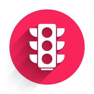 Beyaz trafik ışığı simgesi uzun gölgeli izole edildi. Kırmızı daire düğmesi. Vektör İllüstrasyonu