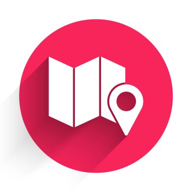 Konum belirleyici simgesi uzun gölgeyle izole edilmiş beyaz katlı harita. Kırmızı daire düğmesi. Vektör İllüstrasyonu