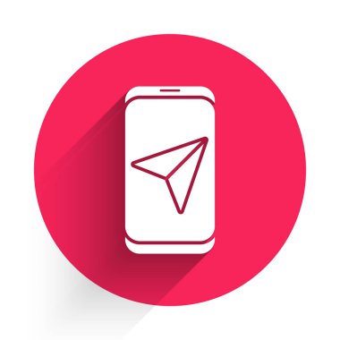 Şehir haritası yön bulma simgesinin uzun gölgesi ile izole edilmiş beyaz bilgileri. Mobil Uygulama Arayüzü tasarımı. Coğrafi konsept. Kırmızı daire düğmesi. Vektör İllüstrasyonu