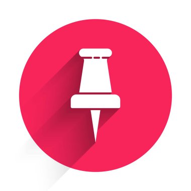 Beyaz itme iğne simgesi uzun gölgeli. Raptiye işareti. Kırmızı daire düğmesi. Vektör İllüstrasyonu