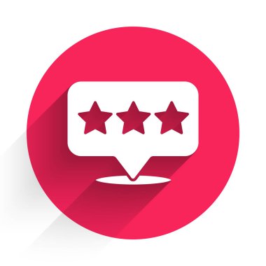 Yıldız simgesiyle izole edilmiş uzun gölgeli beyaz harita işaretçisi. Yıldız favori iğne haritası simgesi. Harita işaretleyicileri. Kırmızı daire düğmesi. Vektör İllüstrasyonu