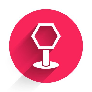 Beyaz Yol trafik tabelası. İşaret direği simgesi uzun gölgeyle izole edildi. İşaretçi sembolü. İzole sokak bilgi levhası. Yön tabelası. Kırmızı daire düğmesi. Vektör İllüstrasyonu