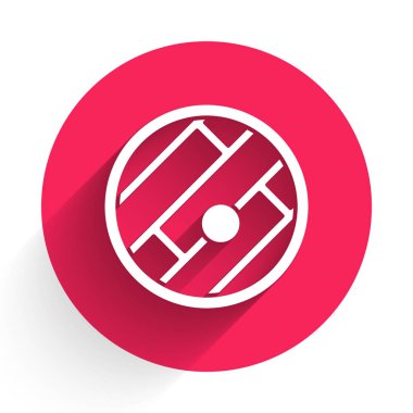 Konum belirleyici simgesi uzun gölgeyle izole edilmiş beyaz katlı harita. Kırmızı daire düğmesi. Vektör İllüstrasyonu