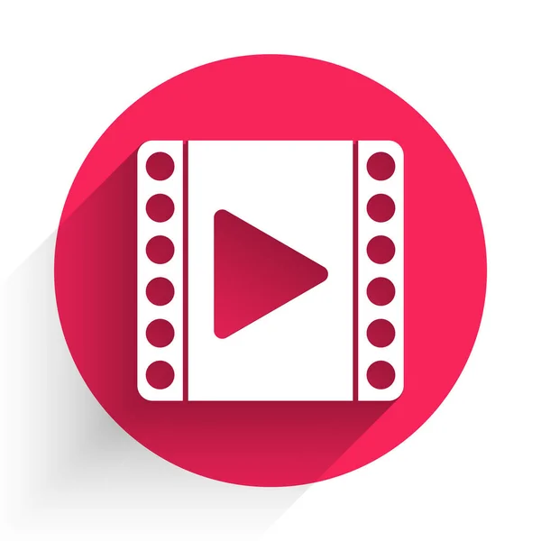 White Play Video Icon Isoliert Mit Langem Schatten Filmstreifenschild Roter — Stockvektor