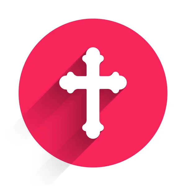 Biały Chrześcijański Krzyż Ikona Odizolowany Długi Cień Krzyż Kościoła Czerwony — Wektor stockowy