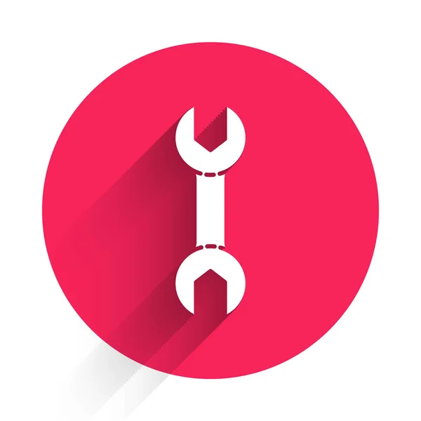 White Wrench Spanner Icon Isolated Long Shadow Red Circle Button — Stock Vector