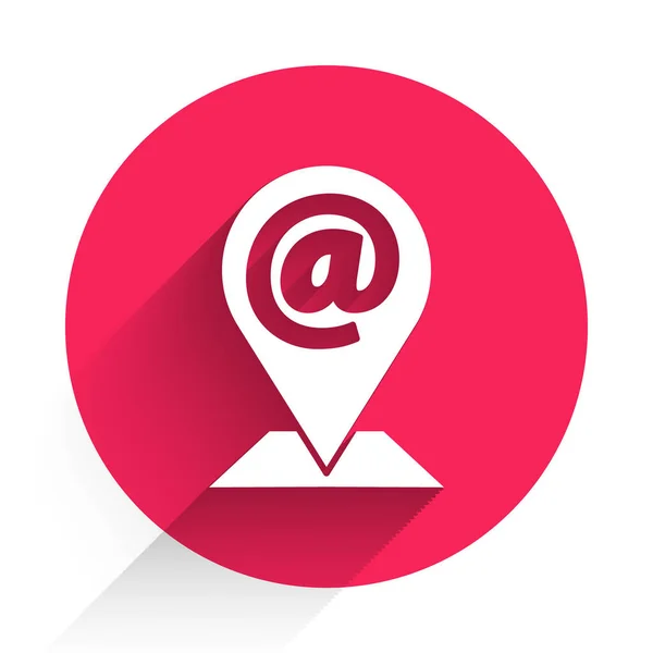 白色位置 邮件和电子邮件图标与很长的阴影隔离 信封符号电子邮件 电子邮件信息签名 红圈按钮病媒图解 — 图库矢量图片