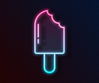 Parlayan neon hattı dondurma ikonu siyah arka planda izole edildi. Güzel sembol. Vektör İllüstrasyonu