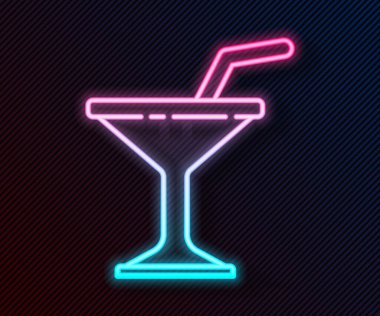 Parlayan neon hattı Martini cam ikonu siyah arka planda izole edildi. Kokteyl ikonu. Şarap kadehi ikonu. Vektör İllüstrasyonu