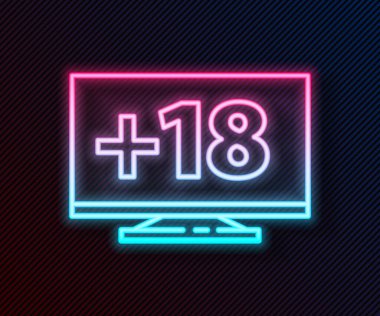 Parlayan neon hattı bilgisayar monitörü. 18 + içerik simgesi siyah arkaplanda izole edilmiş. Yaş sınırlama sembolü. Seks içeriği işareti. Yetişkin kanalı. Vektör İllüstrasyonu