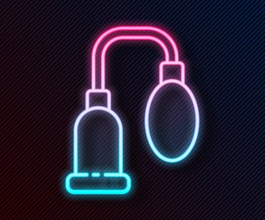 Glowing neon line Penis pump icon isolated on black background. Penis enlarger. Sex toy for men. Vacuum pump with a blower to increase the penis. Vector Illustration