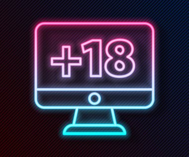 Parlayan neon hattı bilgisayar monitörü. 18 + içerik simgesi siyah arkaplanda izole edilmiş. Yaş sınırlama sembolü. Seks içeriği işareti. Yetişkin kanalı. Vektör İllüstrasyonu