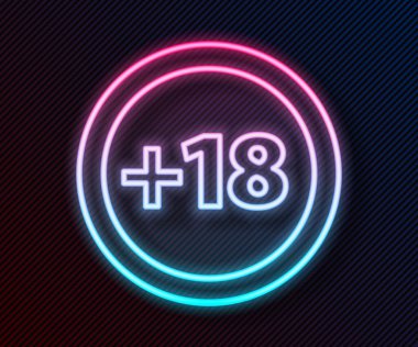 Parlayan neon hattı artı 18 film ikonu siyah arkaplanda izole edildi. Yetişkin içeriği. 18 yaşın altında. Vektör İllüstrasyonu