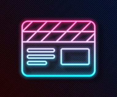 Parlayan neon hattı film alkışlayıcı simgesi siyah arkaplanda izole edildi. Film alkışlama tahtası. Alkış tahtası işareti. Sinema yapımı ya da medya endüstrisi. Vektör İllüstrasyonu