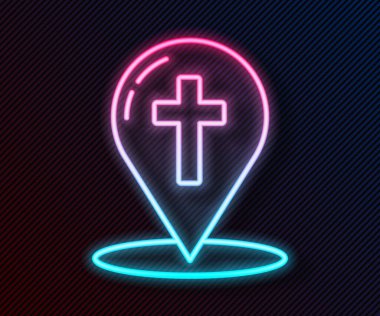 Siyah arkaplanda izole edilmiş Hristiyan haç simgesiyle parlayan neon çizgisi haritası işaretçisi. Vektör İllüstrasyonu
