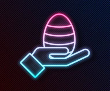 Parlayan neon hattı insan eli ve paskalya yumurtası simgesi siyah arka planda izole edilmiş. Mutlu Paskalyalar. Vektör İllüstrasyonu