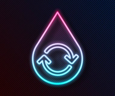 Parlayan neon hattı temiz su simgesini siyah arkaplanda izole et. İşaret geri dönüşümlü bir damla su. Vektör İllüstrasyonu