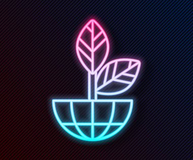 Parlayan neon hattı Dünya küresi ve bitki ikonu siyah arka planda izole edildi. Dünya ya da Dünya işareti. Geometrik şekiller. Çevresel konsept. Vektör İllüstrasyonu