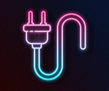 Parlayan neon hattı elektrik prizi simgesi siyah arkaplanda izole edildi. Bağlantı kavramı ve elektriğin kesilmesi. Vektör İllüstrasyonu