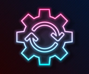 İş akışı konsepti simgesi olarak parlayan neon hattı dişlisi ve oklar siyah arkaplanda izole edildi. Vites doldurma tabelası. Vektör İllüstrasyonu