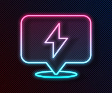 Parlayan neon çizgisi Şimşek simgesi siyah arkaplanda izole edildi. Flaş ikonu. Flaş ikonunu yükle. Gök gürültüsü. Yıldırım çarpması. Vektör İllüstrasyonu