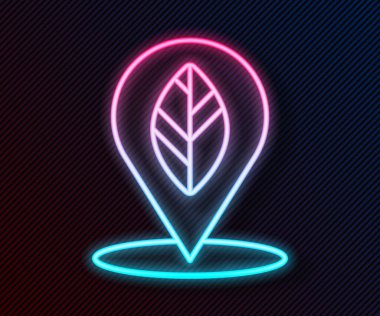 Siyah zemin üzerinde yaprak olan parlak neon çizgisi konum broşu. Vektör İllüstrasyonu