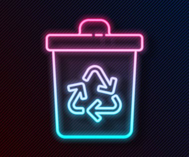 Siyah arkaplanda izole edilmiş geri dönüşüm sembolü simgesiyle parlayan neon hattı geri dönüşüm kutusu. Çöp kutusu simgesi. Çöp kutusu tabelası. Geri dönüşüm sepeti işareti. Vektör İllüstrasyonu
