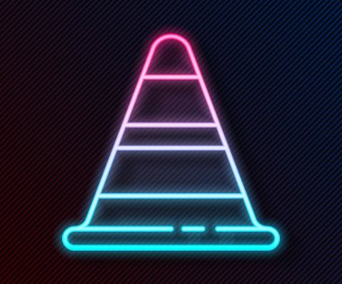 Parlayan neon hattı trafik konisi simgesi siyah arkaplanda izole edildi. Vektör İllüstrasyonu