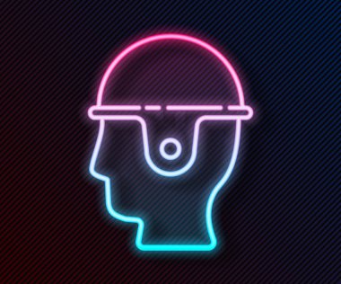 Parlayan neon hattı İşçi Kaskı simgesi siyah arkaplanda izole edildi. Vektör İllüstrasyonu